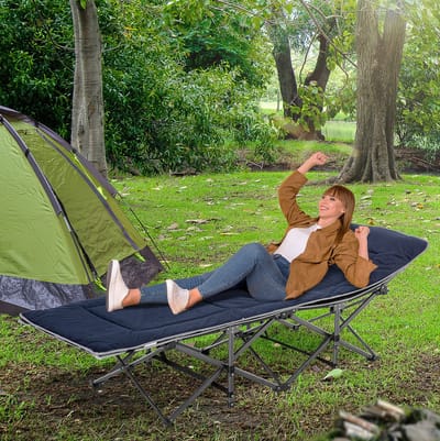 MEUNIQ opvouwbaar campingbed 188 x 64,5 x 53 cm met hoofdkussen, zijvak, matras en transporttas, veldbed tot 150 kg voor camping, reizen en logeerkamer, donkerblauw