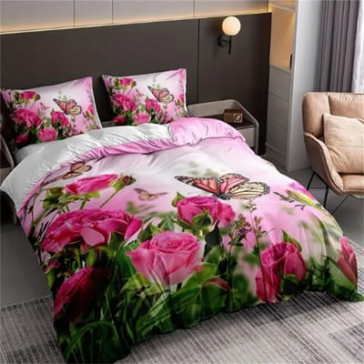 3-delige Luxe Roze Roos Vlinder Digitale Print Dekbedovertrek Set - Ultra Zacht, Comfortabel en Levendig Design voor Slaapkamer EU Single 135x200cm white
