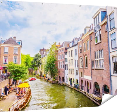 Gards Tuinposter Huizen aan de Oudegracht in Utrecht - 150x120 cm - Tuindoek - Tuindecoratie - Wanddecoratie buiten - Tuinschilderij