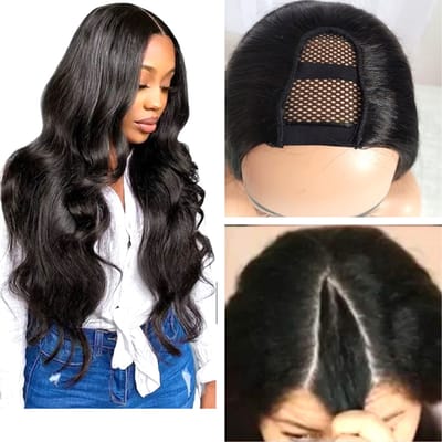 Frazimashop- Pruiken dames - echt haar -V part Wig_100% Human Hair_ Braziliaanse Body Wave, 22 inch golf Halve pruik