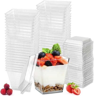 Set van 50 Herbruikbare Transparante Plastic Dessertglazen met Deksel, Ideaal voor IJs, Mousse en Pudding, Perfect voor Feestjes en DIY Desserts