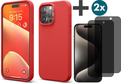 Hoesje met Privacy Screenprotectors 2 Stuks Geschikt voor iPhone 15 Pro Hoesje Siliconen - liquid case - Arara Backcover - Rood