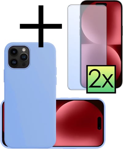 Hoesje - Met 2x Screenprotector - Geschikt voor Apple iPhone 15 Pro - Sterk & Shockproof - Back Cover - Siliconen Case - Telefoon Hoes - Lichtblauw