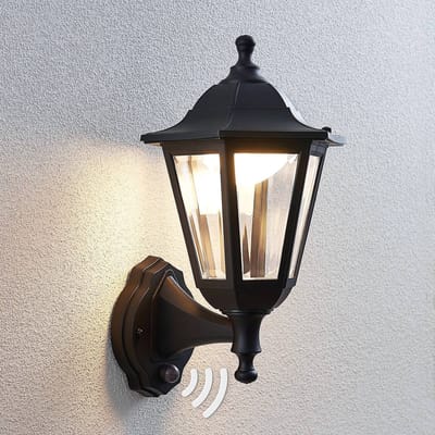 Lindby LED buiten wandlamp Iavo, sensor, zwart, lantaarn