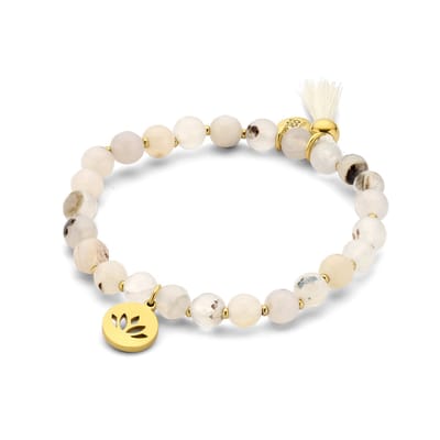 CO88 Collection 8CB-90984 Stalen Armband - Dames -Lotus Bloem - 10 mm Doorsnee - Kralen - Agaat - 6 mm Doorsnee - Rekbaar - 18 cm Lengte - Staal Goudkleurig