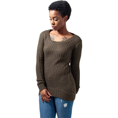 Urban Classics Long Widenecker Dames Gebreide trui - olijf - L