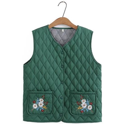 Herfst Winter Parka Grote maten dameskleding Mouwloos jasje van middelbare leeftijd Mode Argyle zak Bloemen geborduurd gewatteerd vest XXXL groen