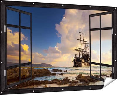 Gards Tuinposter Doorkijk Piratenschip aan de Kust bij Zonsondergang - 180x120 cm - Tuindoek - Tuindecoratie - Wanddecoratie buiten - Tuinschilderij