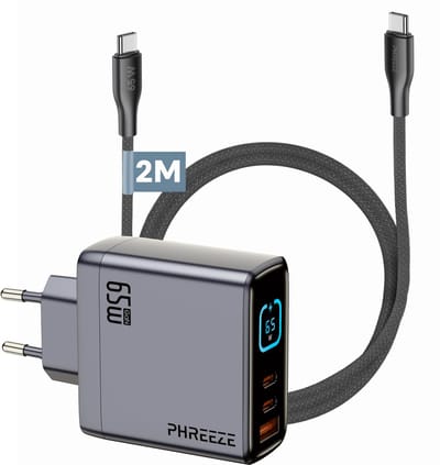USB C Power Adapter Set 65W Snellader Incl USB C Kabel 2 Meter Lang Zwart