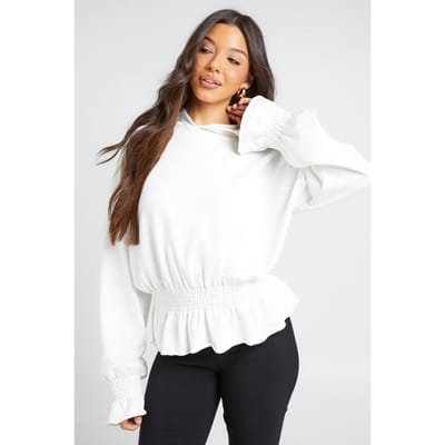 boohoo Dames Hoodie Met Loopback Structuur, Peplum Zoom En Manchetten | Ecru | Maat: Medium