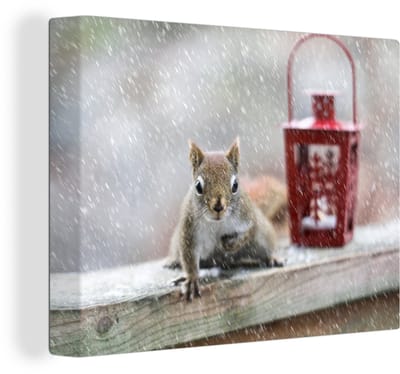 Canvas Schilderij Eekhoorn - Lantaarn - Sneeuwvlok - Winter - 40x30 cm - Wanddecoratie