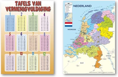 Nederland kaart poster en Tafel van vermenigvuldiging poster - Set van twee posters - 50 x 70 cm
