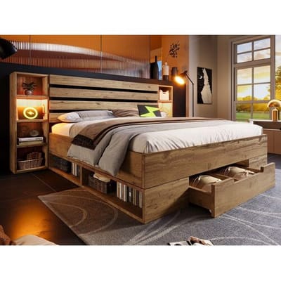 ModernLuxe Volwassen bed 180×200cm in hout + MDF - met leeslampje + oplaadpunten - met lattenbodem - Naturel