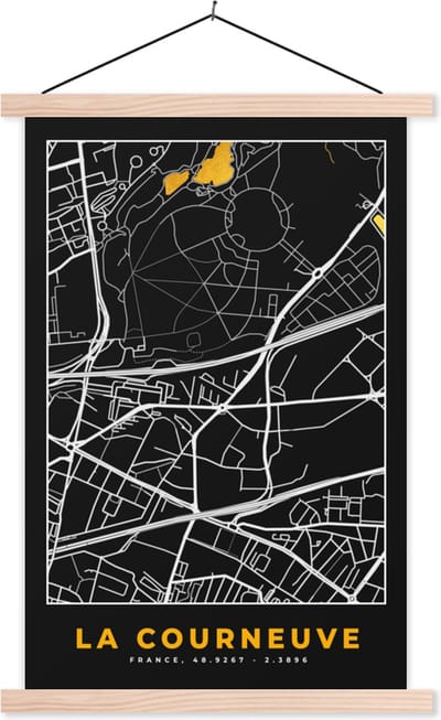 Posterhanger incl. Poster 40x60 cm - Schoolplaat - Kaart - Frankrijk - Stadskaart - Plattegrond - La Courneuve - Textielposter - Blanke latten - Stadskaart