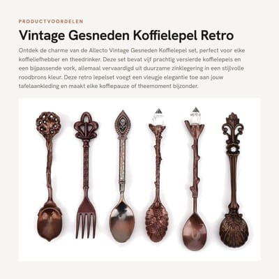 Dailygoods- Koffielepel Set van 6 - Vintage Lepels - Zinklegering - Retro Dessert Lepels - Bijpassende Vork - Afmetingen 8 x 12 x 1,5 cm - Lepelset