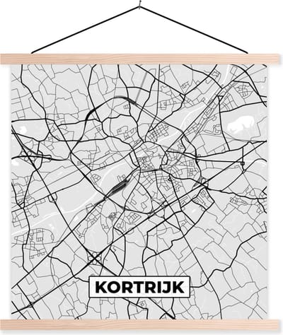 Posterhanger incl. Poster 40x40 cm - Schoolplaat - Zwart Wit – België – Plattegrond – Stadskaart – Kaart – Kortrijk - Textielposter - Blanke latten - Stadskaart