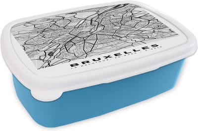 Broodtrommel Blauw - Lunchbox - Brooddoos - Plattegrond – Brussel – Zwart Wit – Stadskaart - Kaart - 18x12x6 cm - Kinderen - Jongen