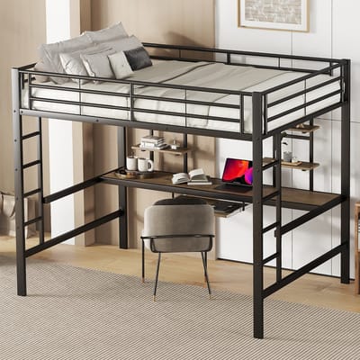 MODFU Hoogslaper 140x200 cm van metaal en MDF – met bureau en boekenkasten – zwart – EN747 gecertificeerd
