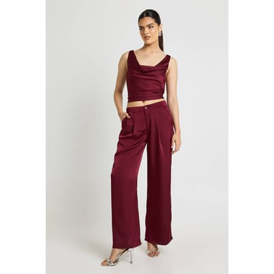 boohoo Dames Satijnen Cowl Hals Topje En Wijde Broek Co-ord Set | Burgundy | Maat: 6