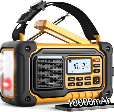 Noodweerradio AM/FM/SW/NOAA met Groot Accuvermogen, Oplaadbaar via USB/Zonne-energie/Handslinger en Zaklamp