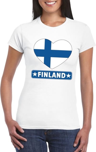 Finland t-shirt - met hartjes vlag print - wit - voor dames - korte mouwen - landen supporters S