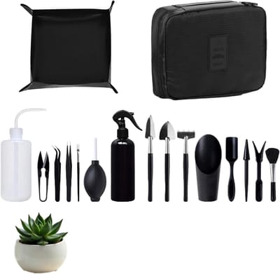 Tuingereedschapsset - Mini tuingereedschap - Planten verpotten - Met verpotmat - 17-delig - Zwart zilver