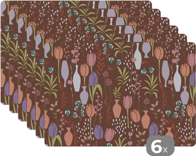 Placemat - Placemats kunststof - Bloemen - Vaas - Patronen - 45x30 cm - 6 stuks - Hittebestendig - Anti-Slip - Onderlegger - Afneembaar