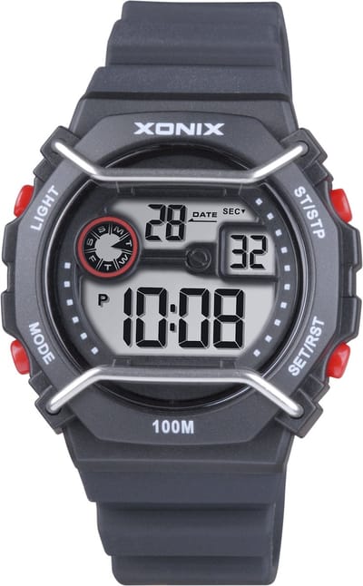 Xonix DBC-006 - Horloge - Polshorloge - Digitaal - Unisex - Achthoek - Siliconen band - ABS/Kunst - Achtergrondverlichting - Alarm - Start/Stop - Chronograaf - Tweede Tijdzone - Datumaanduiding - Waterdicht - Zwart - Rood