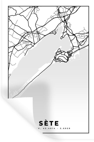 Muurstickers - Sticker Folie - Kaart – Sète - Plattegrond – Frankrijk – Stadskaart - Zwart wit - 20x30 cm - Plakfolie - Muurstickers Kinderkamer - Zelfklevend Behang - Zelfklevend behangpapier - Stickerfolie