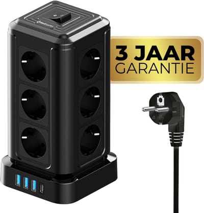 MostEssential Premium 16-Voudige Toren Stekkerdoos - USB-C 20W Snellader - Stekkerdoos met USB - Verlengsnoer - Stekkerdoos met Schakelaar - Overspanningsbeveiliging - Antislip - Zwart