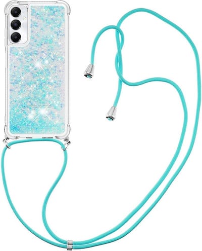 Coverup Hoesje - Geschikt voor Samsung Galaxy A05s Hoesje - Coverup Liquid Glitter Back Cover met Koord - Lichtblauw