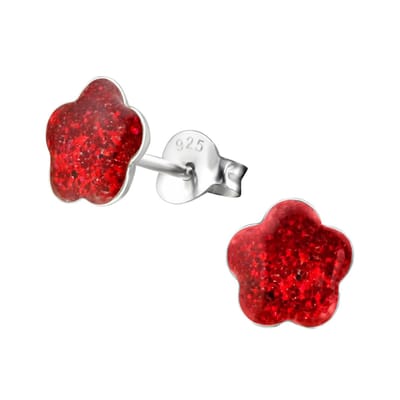 Joy|S - Zilveren bloem oorbellen - rood met glitter - 8 mm - oorknoppen