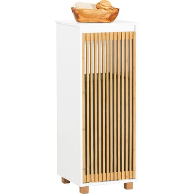 SoBuy Staande Badkamerkast - Smal Badkamerkastje - 1 Kantelbare wasmand - 1 Bamboe deur - 32 x 33 x 85 cm - Wit