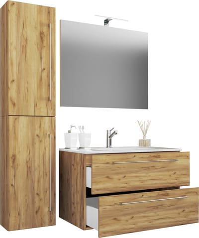 VCM 4-tlg. Waschplatz Waschtisch | Waschbecken Unterschrank Breite 80 cm | Badmöbel Set mit Schubladen Drehtüren Spiegel | Badinos