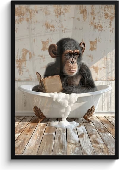 Poster in lijst - Fotolijst 60x90 cm - Posters - Vintage - Aap - Badkuip - Schuim - Dier - Posterlijst zwart - Wanddecoratie badkamer - Muurdecoratie WC - Decoratieve accessoires - Toilet muur decoratie