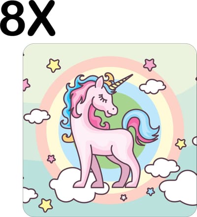 Luxe Placemat - Getekende Roze Eenhoorn - Wolken - Regenboog - Set van 8 Placemats - 50x50 cm - 2 mm dik Vinyl - Anti Slip - Afneembaar