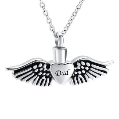 Aramat Jewels | Gedenkhangers | Stalen Ashanger Vader – Persoonlijk Gedenksieraad RVS | Hart met vleugels-Dad-2x5cm | |20mm | Staal | Volwassenen | Verkleurd niet
