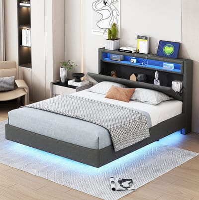 MEUNIQ gestoffeerd bed 140x200 cm met USB-aansluiting, LED-verlichting, opklapbaar hoofdeinde met opbergruimte, lattenbodem en verborgen poten, grijs