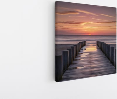 Saammp Canvas Schilderij - Steiger naar de zee met zonsondergang - Landschap - Natuur - 20x20 - Foto op canvas - Wanddecoratie - Muurdecoratie Woonkamer - Slaapkamer decoratie - Canvas Print