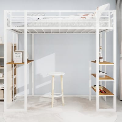 Pugsdrly IJzeren bedframe met bed en tafel, kinder- en tienerbed met L-vormig bureau, ijzeren bedframe met veiligheidsrail en trap, met trap aan beide zijden, overal te plaatsen