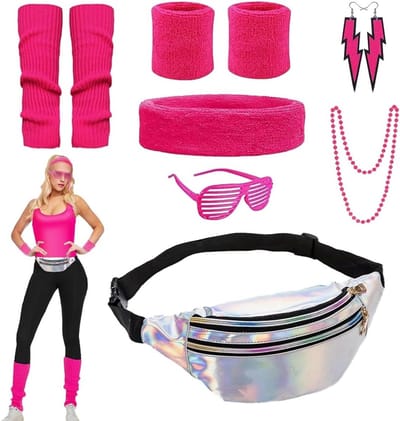 Retro 80s Kostuumaccessoires voor Dames met Neon Hoofdband, Legwarmers, Heuptas en Sieraden voor Feestjes en Themadagen