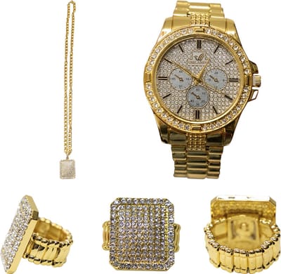 Pooier set Plaat - 1 horloge, 1 ring plaat, 1 ketting plaat - strass - Hiphop - rapper - pimp - Maffia