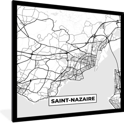 Fotolijst incl. Poster Zwart Wit- Stadskaart - Plattegrond - Kaart - Saint-Nazaire - Frankrijk - Zwart wit - 40x40 cm - Posterlijst