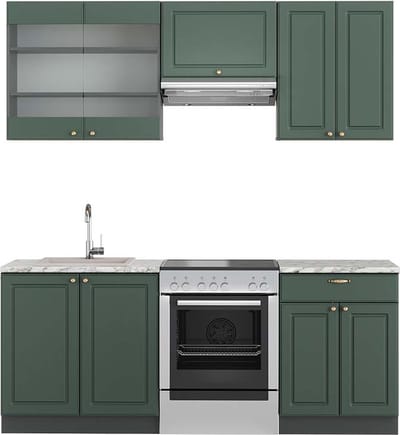 Vicco Fame-Line Complete keukeneenheid – 200 cm, WB Marmer Groen-Goud Landhuis/Antraciet