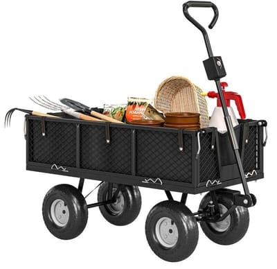 Daity Tuinkar/aanhanger van 300 kg met afneembaar dekzeil en 180° draaibare handgreep, inklapbare zijpanelen, zwart.