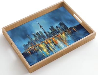 Dienblad hout 50x35 cm - Schootdienblad - Skyline Toronto - Water - Stadslichten - Toren - Borrelplank rechthoek - Plateau dienbladen