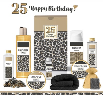 Geschenkset “25 Jaar Happy Birthday!” - 9 producten - 800 gram | Giftset voor haar - Luxe wellness cadeaubox - Cadeau Verjaardag Vrouw Vijfentwintig - Gefeliciteerd - Geschenk - Cadeaupakket - Twenty five Party - Verjaardagscadeau - Panter Goud Zwart
