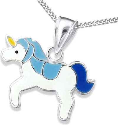 Princess Ketting Unicorn Blue - 925 Zilver - Paardje - 19x14mm - 38cm