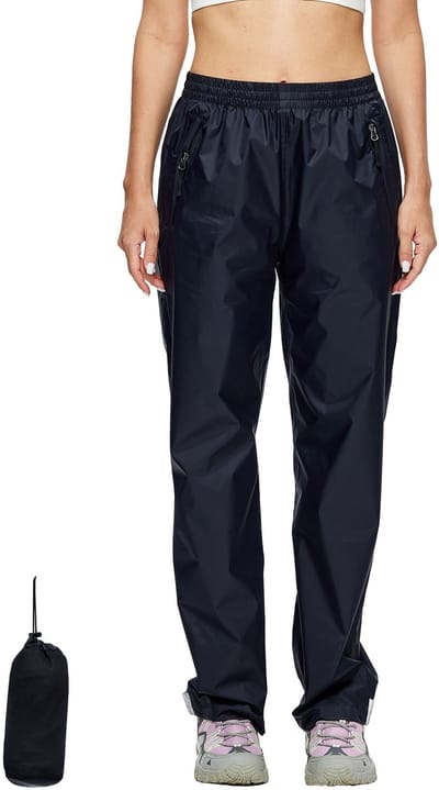 BUBW® Regenbroek Dames - 100% Waterdicht（5000 g/m²）- Ademend en Winddicht - Met Reflecterende strepen - Inclusief opbergtas - Maat S - Zwart