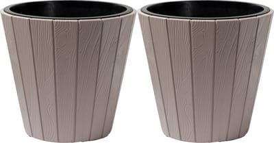 Prosperplast Plantenpot/bloempot Wood Style - 2x - buiten/binnen - kunststof - beige - D30 x H28 cm - met binnenpot